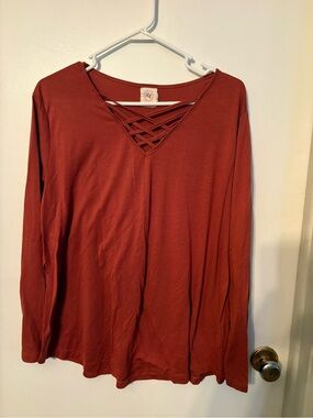 Crisscross V-Neck Long Sleeve Top - Rust